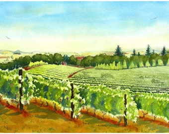 California landscape, Vineyard art, Wall decor, Pint winery, Fine art, Watercolor painting, Vine row Framed unframed, LaBerge Muren, 1150,