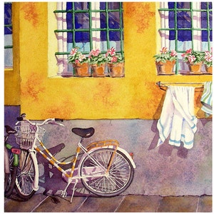 CRUISER BICYCLE with balloon Tiers in square,art print,under Window Flowers,white vintage Bicycle printed on Canvas Art,Framed Unframed,3849