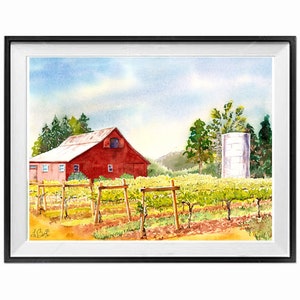 Country Landscape Farm Landscape Old Red Barn Vineyard Art | Etsy
