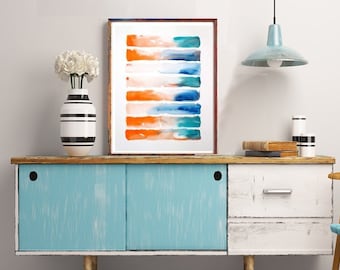 Abstract Watercolor art print, Color Blocks of Turquoise and Orange Wide Vertical Abstract Strokes of Bright Paint by LaBerge Muren