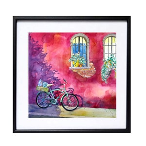 May include: A watercolor painting of a teal bicycle parked in front of a red brick building with two windows. The windows have white trim and are decorated with potted plants. The bicycle has a basket on the handlebars and a shadow cast on the sidewalk.