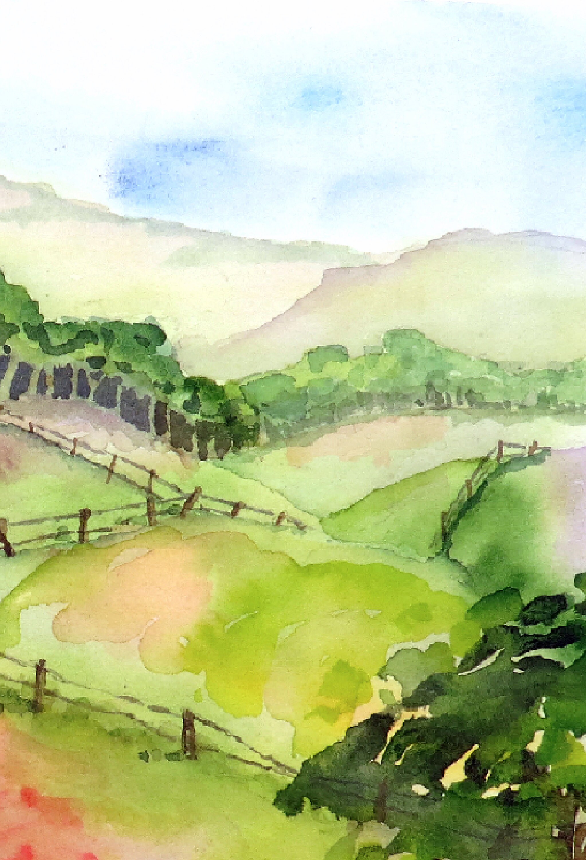 牛農場風景水彩画、赤い納屋、花園 - Etsy 日本