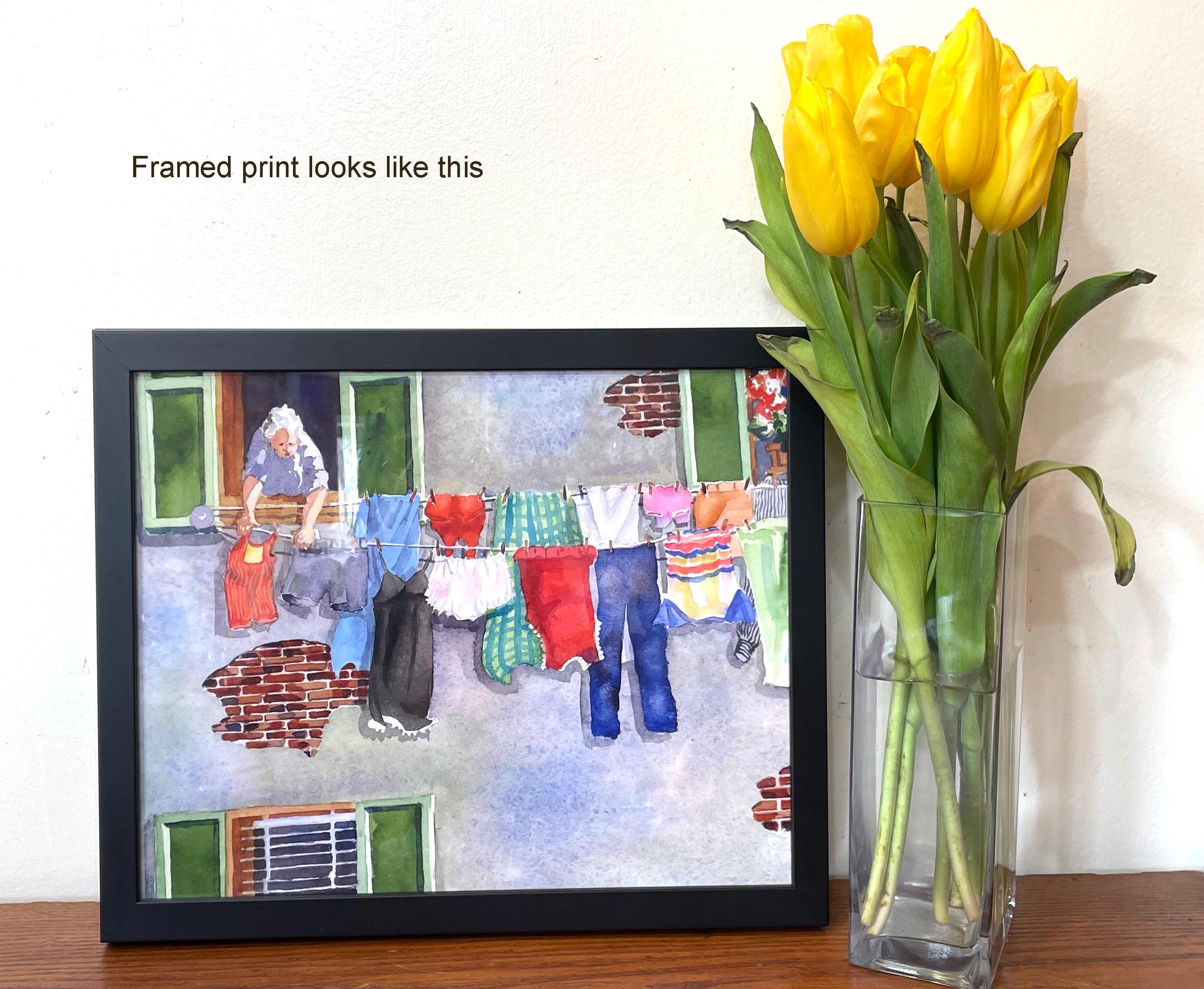 Laundry artwork,with Birds and Clothesline,Vintage Window Scenery,Farmhouse wall decor,printed Painting Framed or Unframed,1992* No. 1,ok