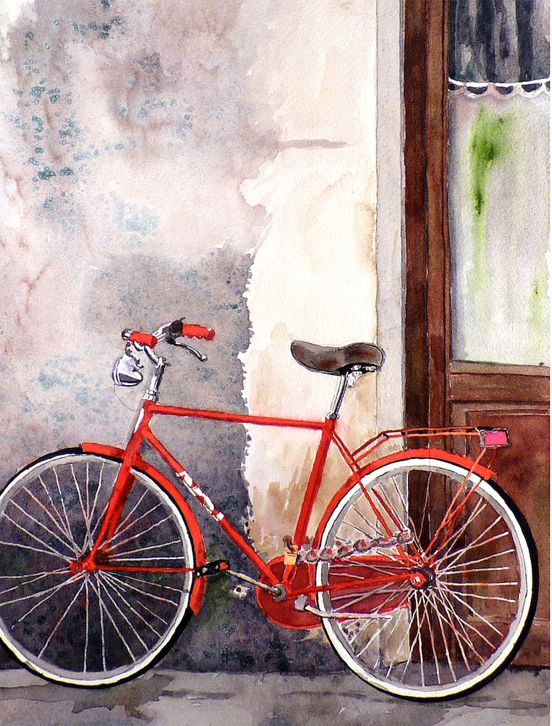 Watercolor Bike art print, Italian Bicycle wall print decor, Colorful Red Bicycle art print, Bright red, Bike Street Wheels, 7188, image 7