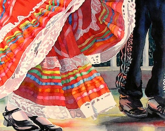 Artwork,Latina Central America Mexico, print décor,Latino Dance Mexican,Folk Art,Oaxacan Folk Dance Children red blac costumes artwork,1966