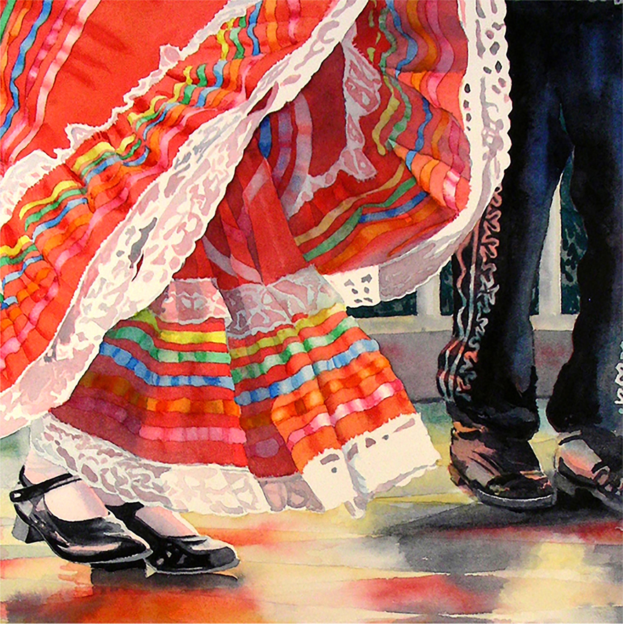 Artwork,Latina Central America Mexico, print décor,Latino Dance Mexican,Folk Art,Oaxacan Folk Dance Children red blac costumes artwork,1966