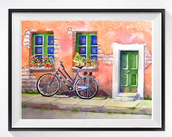 Blue Bicycle Painting Bike art print, Waiting Bicycle home décor, Bike Wheel Bicycling Travel art Watercolor travelng by LaBerge Muren 2867