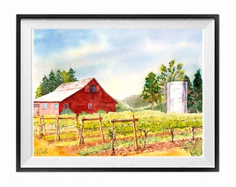 Vineyard Art Giclee Red Barn, Red barn country side, Winery Napa Valley, LaBerge, .