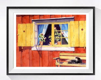 Rural Cat Painting Rustic Farm hous decor, Dusky Cat by Big Yellow Shutter Window Paintng, Canvas Print Poster Framed, by LaBerge Muren 5613
