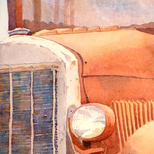 Antique red truck fine art, Farming truck out to pasture, Back in the day, Watercolor painting, Realist, Framed or not, LaBerge Muren, 1999 image 3