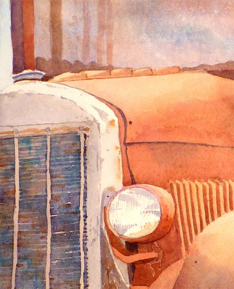 Antique red truck fine art, Farming truck out to pasture, Back in the day, Watercolor painting, Realist, Framed or not, LaBerge Muren, 1999 image 3