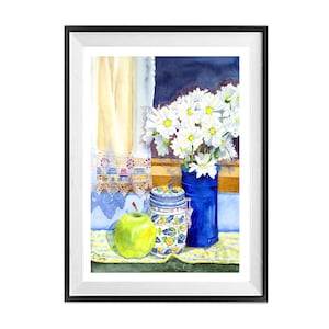 ACQUERELLO ORIGINALE Dipinto floreale Still Blue, Fiori di margherita in vaso blu Decorazione da parete per cucina, Barattolo di caramelle con margherite Arte LaBerge Muren 1176