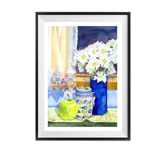 オリジナルのデイジー静物水彩画、青い花瓶のキッチンアート - Etsy 日本