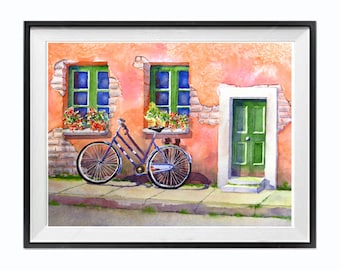 Coral painting Bicycle Art, Italian bike road trip print, Travel Watercolor bike print, .*