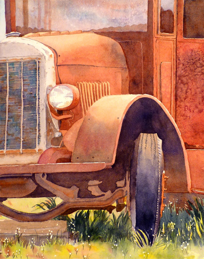 Antique red truck fine art, Farming truck out to pasture, Back in the day, Watercolor painting, Realist, Framed or not, LaBerge Muren, 1999 image 2