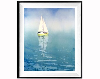 Decoración de pared de velero amarillo, impresión de decoración de pintura de velero en azul océano, imagen de ilustración de arte de navegación en barco (* 5