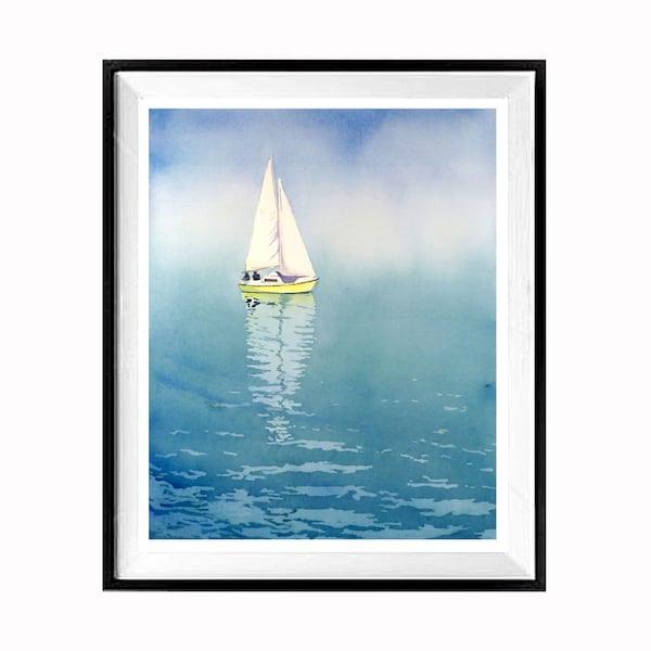 Nautical decor, Sailboat decor print blue painting sailing boat print sailboat wall art boat wall, (* 5)