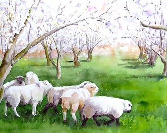 Country sheep, wal art decor, in orchard landscape, apple trees, wall art, early Spring scenery, white green picture, Laberge Muren, 1656