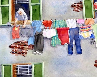 Retro LAUNDRY MAKEOVER Room wall art, Wet Laundry ready for Hanging,Clothes Dried in Watercolor, Framed or Unframed, 6995