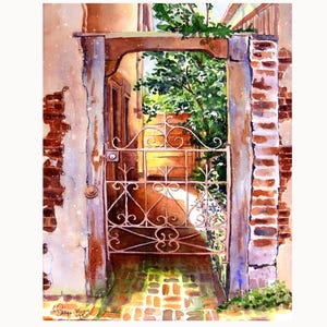 May include: A watercolor painting of a brick wall with a weathered wooden door and a wrought iron gate. The gate is open and leads to a brick walkway. The painting is done in warm tones of red, brown, and yellow.