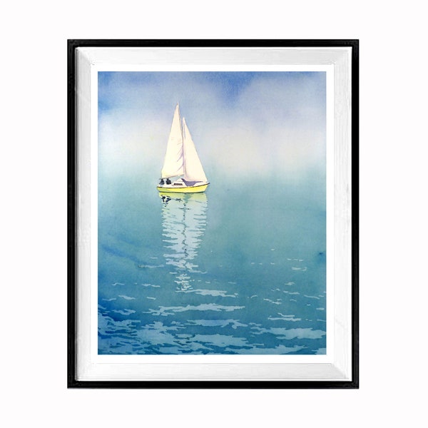 Art Print Sailboat: on Lake Geneva- Sailing Sailboating Watercolor, Blue Nautical Wall Art