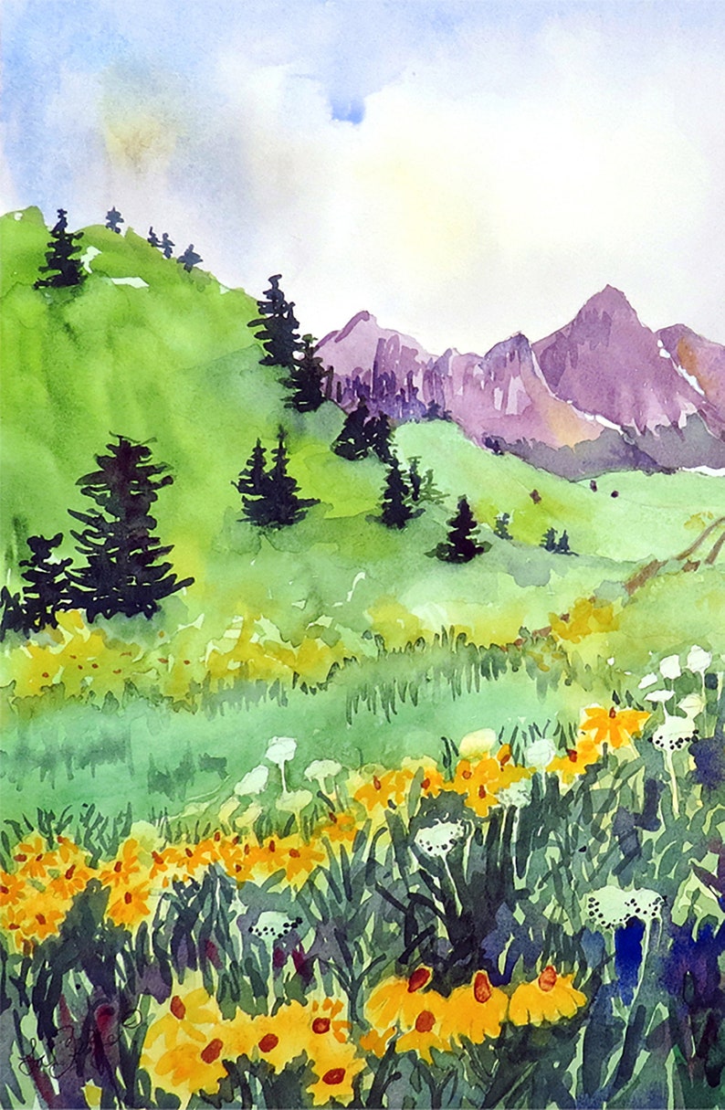 Watercolor Landscape Wall Art Green Valley Painting Yellow Etsy