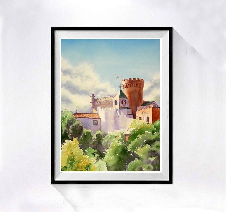 Original watercolor painting of a castle just out of Barcelona Spain, small castle artwork wall art 1 of a kind decor by LaBerge, 18x12