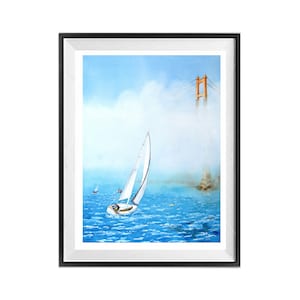 nautical FISHING BOAT a foggy San Fracisco harbor landscape, Home Decor Print for a seaside house, Framed Unframed LaBerge Muren