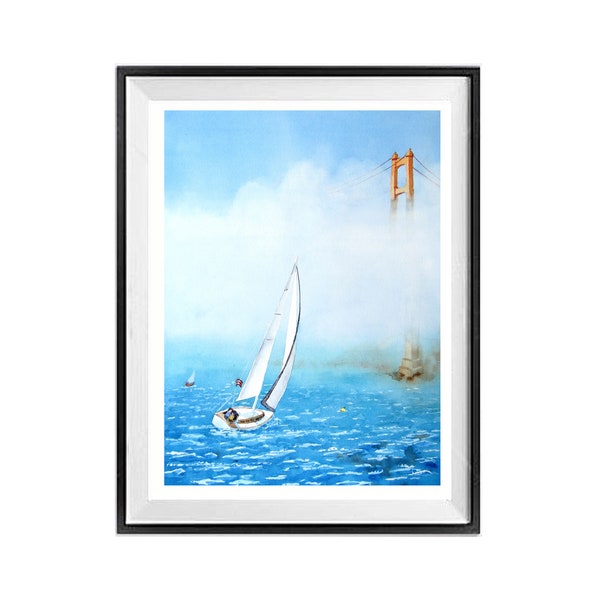 Art Print Paintings of Sailboat, San Francisco Golden Gate art print, Sailboat painting in mist, Blue Orange Fine art, LaBerge Muren, 2240