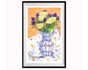 Original Watercolor, Flora Art, Roses in Vase, Wall Art Decor, Purple Rose, in Vase, Wall Floral, Still Life Rose, by LaBerge Muren, 1172