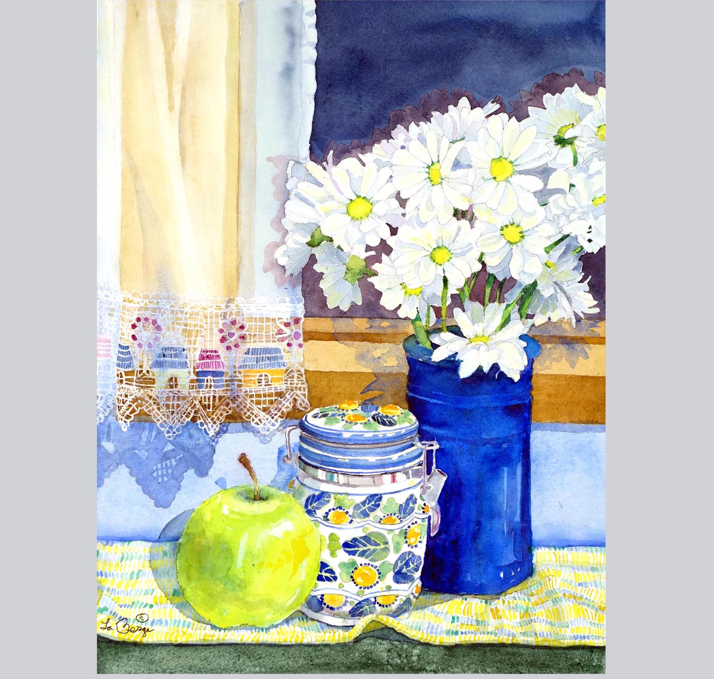 Original Dining water color Still painting,Daisy Original Kitchn wal art, Pretty in Purple Daisie Paintin Original Spring Home decor rt,1186