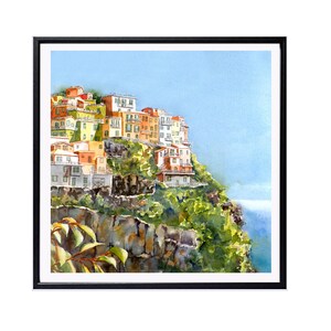 May include: Watercolour painting of colourful houses built on a cliff overlooking the sea. The houses are painted in shades of yellow, orange, red, and white. The cliff is covered in green foliage and the sea is a light blue.