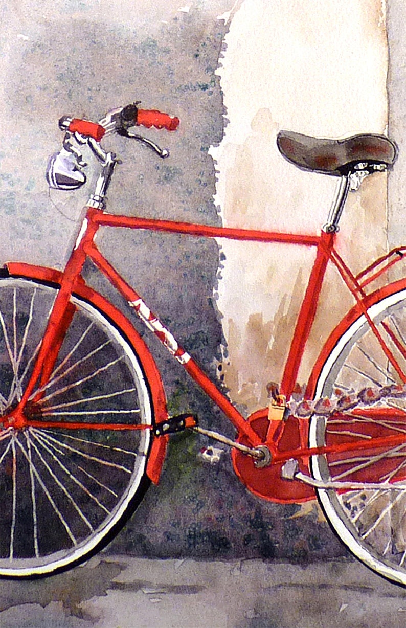 Watercolor Bike art print, Italian Bicycle wall print decor, Colorful Red Bicycle art print, Bright red, Bike Street Wheels, 7188, image 6