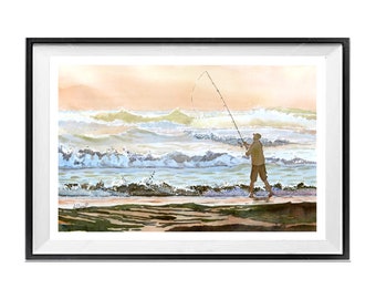 offshore Fishing Watercolor, Giclée, Sunset pink seascape, Canvas wal art picture, Ocean wave surf prin, Framed unframed, LaBerge Muren 1140