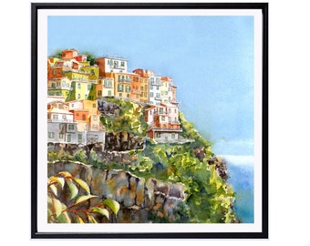 Paisaje de Cinque Terre, impresión de bellas artes, regalo de viaje, acuarela azul naranja, . (5