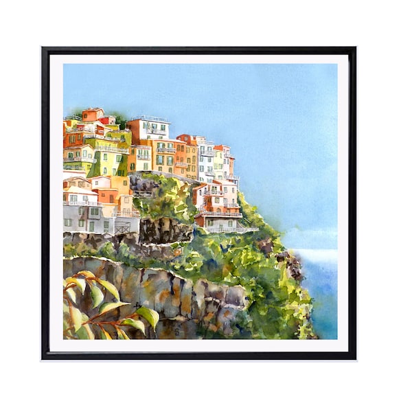 paysage Cinque Terre Paysage, Fine Art Print, Cadeau de voyage, Aquarelle Bleu Orange, . (5