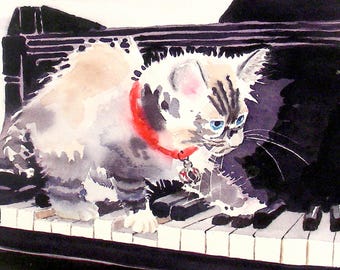 Siamese Cat Piano Kitten Art Print, Cat Lover Gift