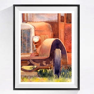 May include: A watercolor painting of a rusty red vintage truck. The truck is partially obscured by tall grass and wildflowers. The truck's front tire is in focus, and the rest of the truck is out of focus.