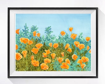 Wild CALIFORNIA Orange Poppies in Landscape Original, wall décor, With an Aqua Sky, painting Unframed, LaBerge Muren, 7290