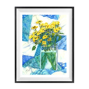 Floral Still Painting Floral and Quilt Wall Art. Original Painting Yellow Flowers in Vase. by Nancy Muren. +