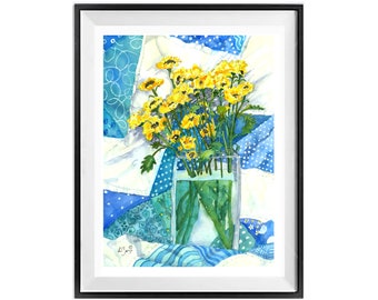 Yellow flower, Quilt art painting, Aqua quilt, Summer floral, Wall decor, Watercolor blue, Art print, Framed unframed ,LaBerge Muren, 1501