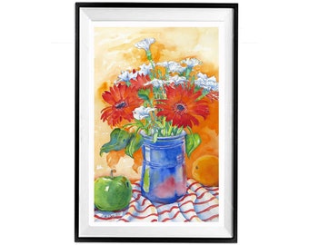 Floral Painting flower arrangement still room wall decor floral watercolor wall art orange blue poster gicleé canvas, LaBerge Muren, 1194