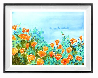 CALIFORNIA Landscape, Orange POPPY wall décor, Aqua sky, Painting green mist for livingroom kitchen, Framed or Unframed, LaBerge Muren, 7290