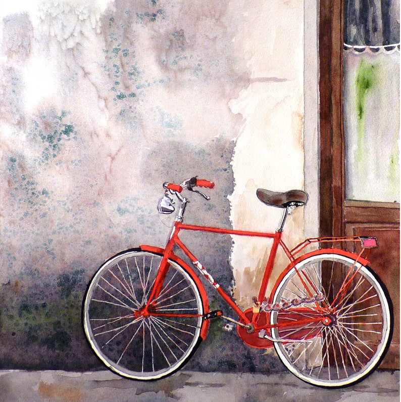 Watercolor Bike art print, Italian Bicycle wall print decor, Colorful Red Bicycle art print, Bright red, Bike Street Wheels, 7188, image 2