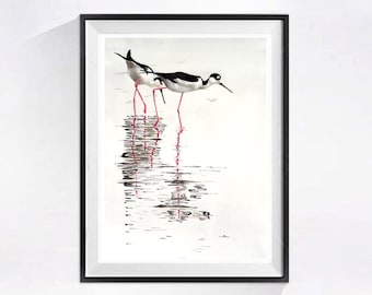 Beach bird Art Print landscape, Watercolor coastal bird print, White black bird wall art, .