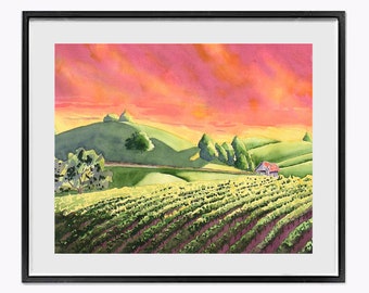 Wall Art Decor Vineyard Art Print Illustration. Sunset Winery art, Grapevines Rows Watercolor Wall Art Decor print, LaBerge Muren, 1144