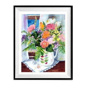 May include: A watercolor painting of a bouquet of colorful flowers in a white pitcher with green leaves. The flowers include pink, orange, yellow, red, and purple blooms. The pitcher is decorated with green leaves and sits on a white tablecloth with lace trim.