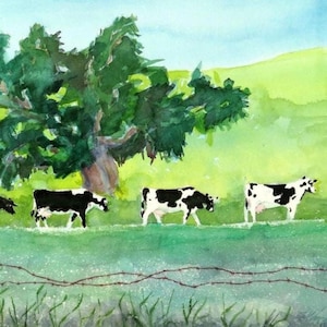 May include: A watercolor painting depicting three black and white cows grazing in a vibrant green pasture. A large, leafy green tree stands in the background behind the cows, and a thin, dark barbed wire fence runs across the foreground.