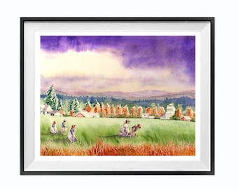 Rural Landscape Farm, Wal Art decor, Immigrant Work Farm Land Worker Farmhouse, wal decor Paintng, Purple green orange, wal art, 15x19, 8420