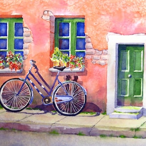 Navy Bicycle Painted Bike Waits art print,Bicycle Posing home décor,Traveling Bike Wheel Bicycling Watercolor, Professional Framing, 2867